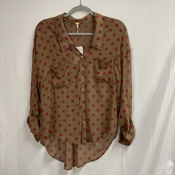 Free People Easy Rider Polka Dot Hi Low Blouse Caramel Brown Size Small NWT - Picture 3 of 7